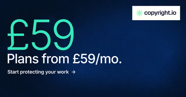 Social ad for copyright.io: "See the plan first." Minimal luxury style, stat layout, dark palette in blue, black, teal.
