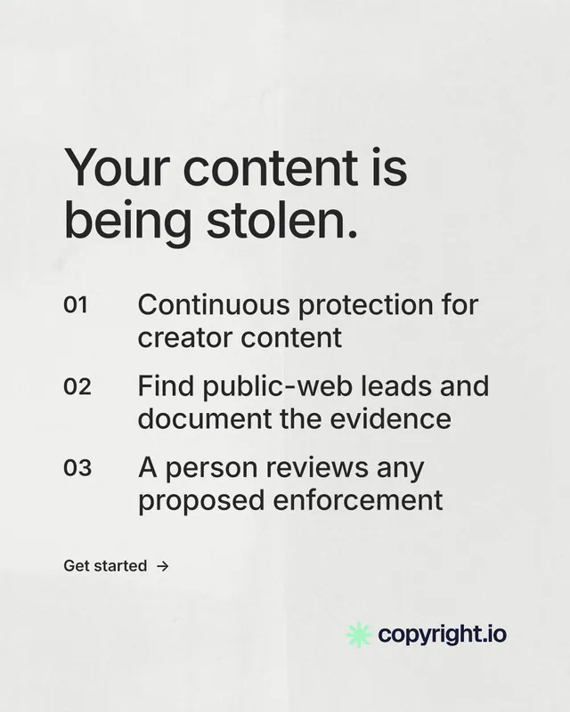 Instagram portrait post for copyright.io: "Your content is being stolen." Minimal luxury style, numbered layout, light palette in white, grey.
