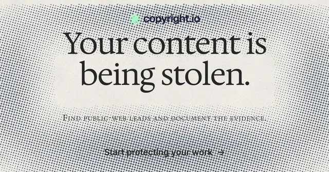 Social ad for copyright.io: "Your content is being stolen." Swiss style, smallcaps layout, light palette in grey, white, yellow.