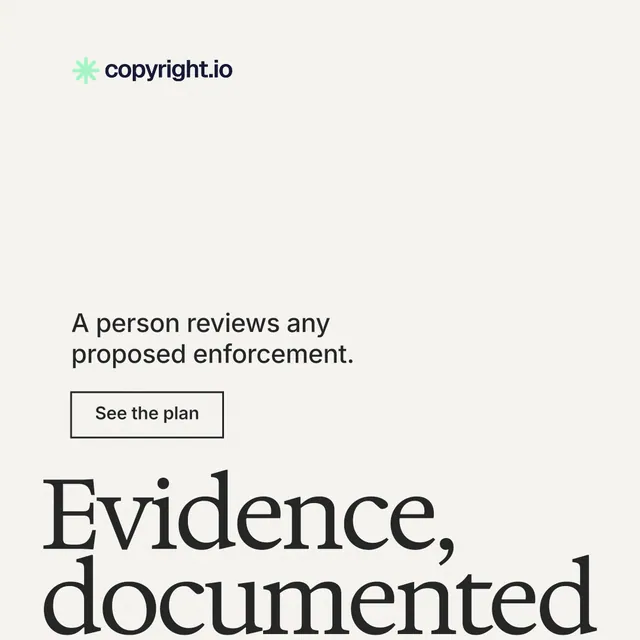 Instagram post for copyright.io: "Your content is being stolen." Editorial style, oversized layout, light palette in white, grey, green.