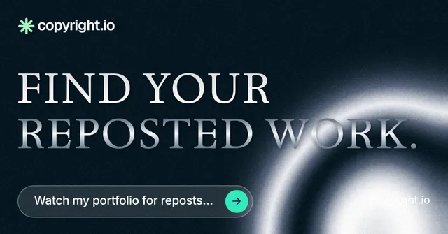 Social ad for copyright.io: "Find your reposted work." Agentic glass style, poster layout, dark palette in black, blue, grey.