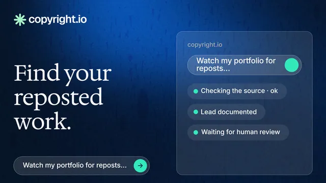 Landscape graphic for copyright.io: "Find your reposted work." Agentic glass style, bottom layout, dark palette in black, blue.