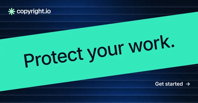 Social ad for copyright.io: "Protect your work." Minimal luxury style, diagonal layout, dark palette in teal, black, blue.