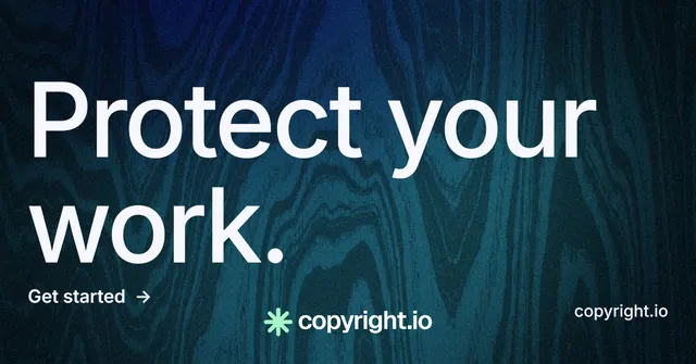 Social ad for copyright.io: "Protect your work." Minimal luxury style, poster layout, dark palette in blue, black, grey.