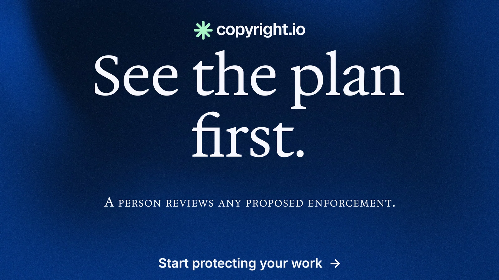 Landscape graphic for copyright.io: "See the plan first." Minimal luxury style, smallcaps layout, dark palette in blue, black.