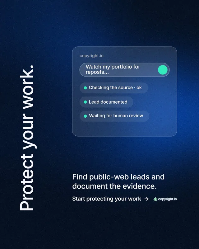 Instagram portrait post for copyright.io: "Protect your work." Minimal luxury style, vertical layout, dark palette in black, blue.