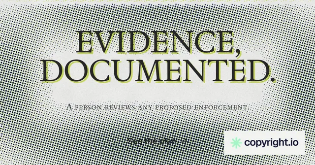Social ad for copyright.io: "Evidence, documented." Retro print style, smallcaps layout, light palette in grey, white.