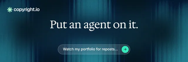 X header for copyright.io: "Put an agent on it." Agentic glass style, centred layout, dark palette in blue, teal, black.