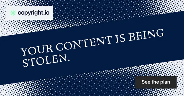 Social ad for copyright.io: "Your content is being stolen." Split block style, diagonal layout, dark palette in blue, grey.