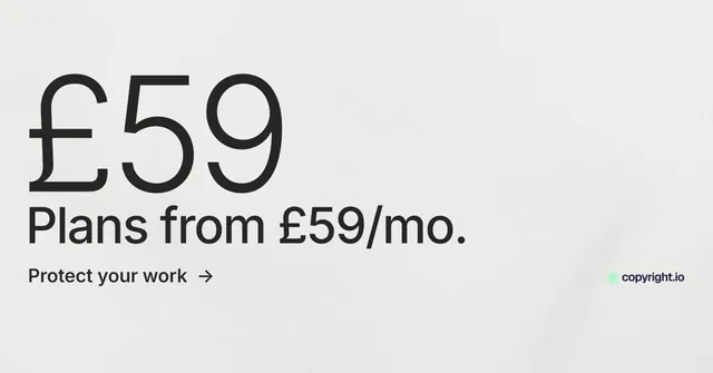 Social ad for copyright.io: "See the plan first." Minimal luxury style, stat layout, light palette in white, grey.