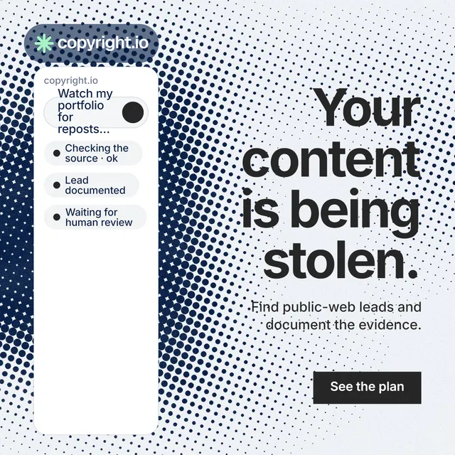 Instagram post for copyright.io: "Your content is being stolen." Swiss style, right layout, light palette in blue, white, grey.