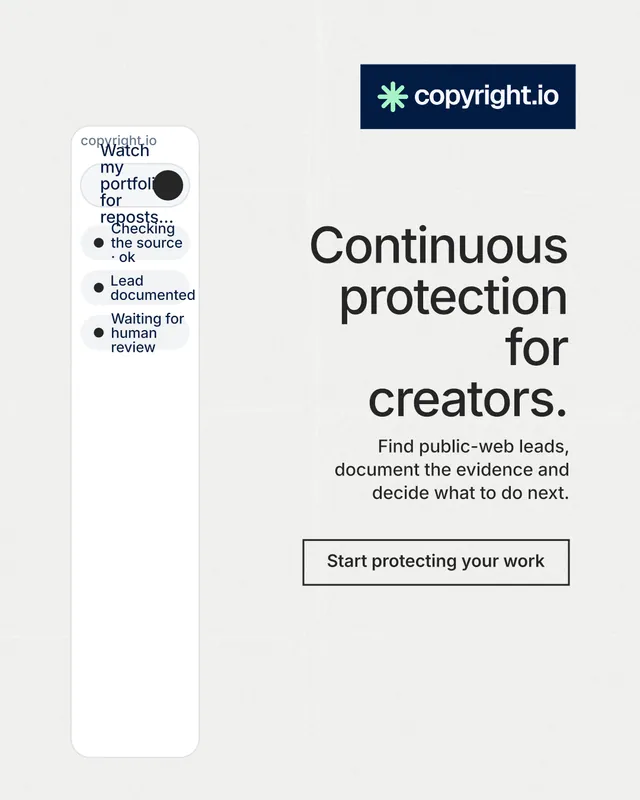 Instagram portrait post for copyright.io: "Continuous protection for creators." Editorial style, right layout, light palette in white, grey.