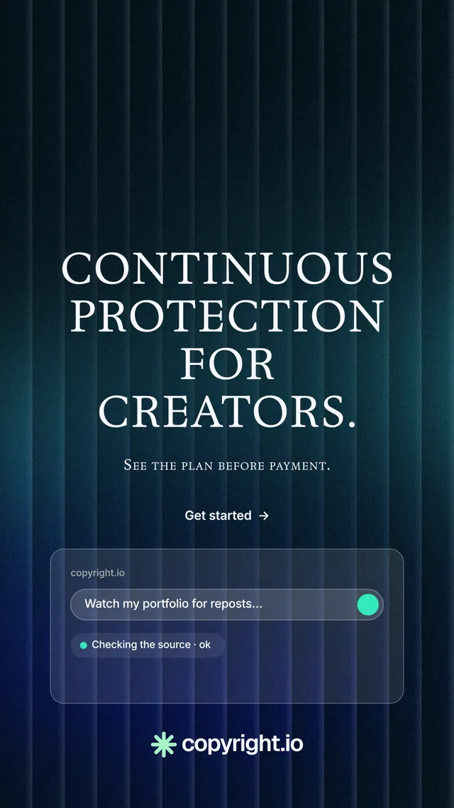Instagram story for copyright.io: "Continuous protection for creators." Minimal luxury style, smallcaps layout, dark palette in black, blue.