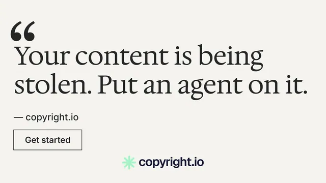 Landscape graphic for copyright.io: "Reposts don't remove themselves." Editorial style, quote layout, light palette in white, grey.