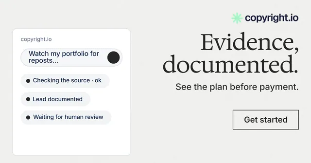 Social ad for copyright.io: "Evidence, documented." Editorial style, right layout, light palette in white.