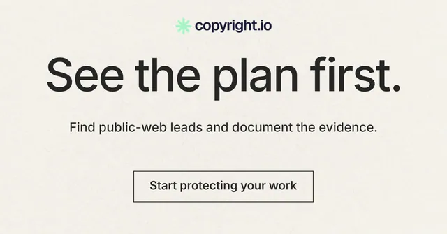 Social ad for copyright.io: "See the plan first." Editorial style, centred layout, light palette in white, grey.