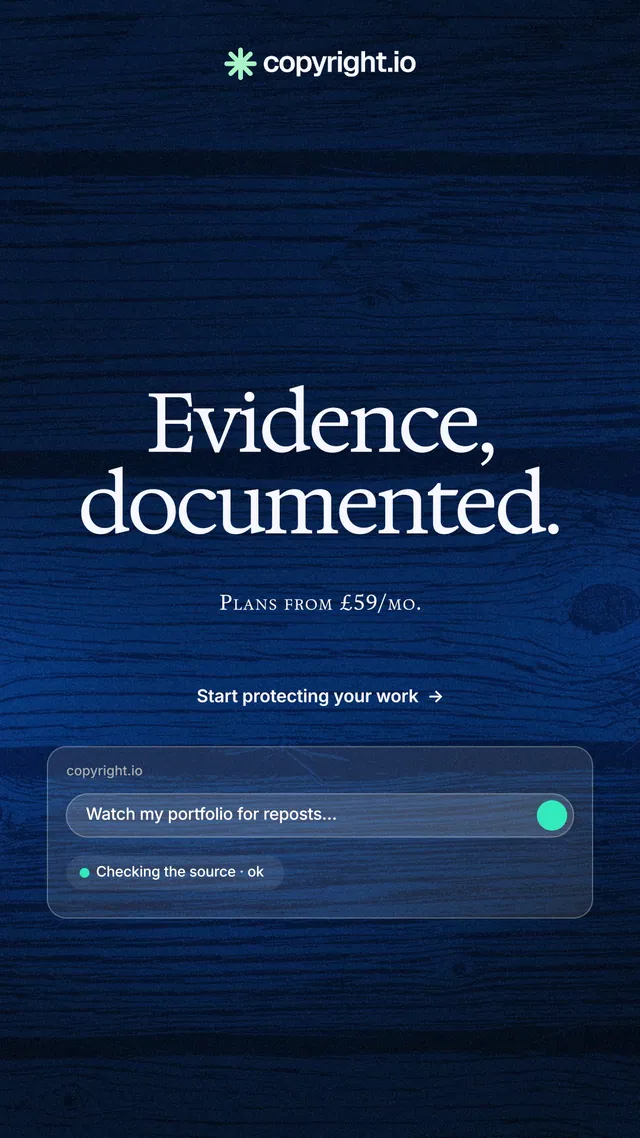 Instagram story for copyright.io: "Evidence, documented." Swiss style, smallcaps layout, dark palette in blue, black.