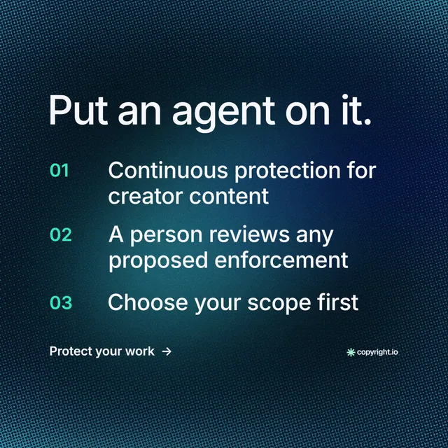 Instagram post for copyright.io: "Put an agent on it." Minimal luxury style, numbered layout, dark palette in blue, black.