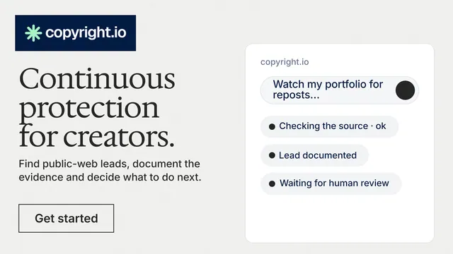 Landscape graphic for copyright.io: "Continuous protection for creators." Editorial style, bottom layout, light palette in white, grey.