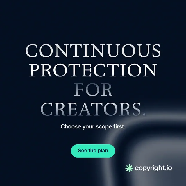 Instagram post for copyright.io: "Continuous protection for creators." Y2K style, centred layout, dark palette in black, grey.