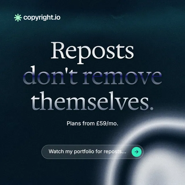Instagram post for copyright.io: "Reposts don't remove themselves." Agentic glass style, centred layout, dark palette in blue, black, grey.