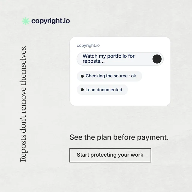Instagram post for copyright.io: "Reposts don't remove themselves." Editorial style, vertical layout, light palette in white.
