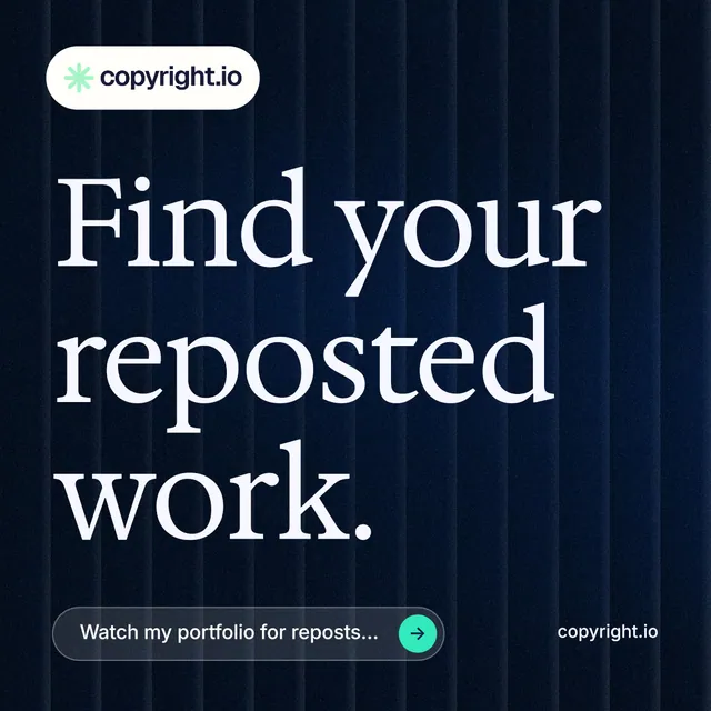 Instagram post for copyright.io: "Find your reposted work." Agentic glass style, poster layout, dark palette in black, grey.