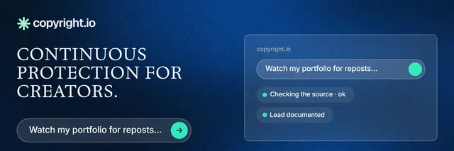 X header for copyright.io: "Continuous protection for creators." Agentic glass style, bottom layout, dark palette in blue.