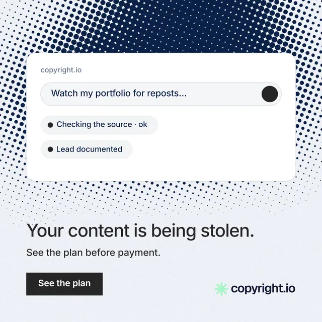 Instagram post for copyright.io: "Your content is being stolen." Retro print style, bottom layout, light palette in white, grey.