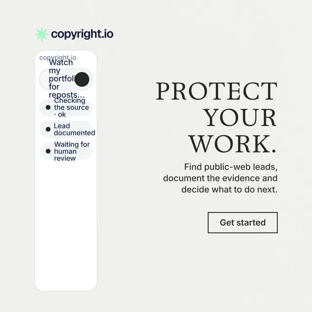 Instagram post for copyright.io: "Protect your work." Editorial style, right layout, light palette in white.