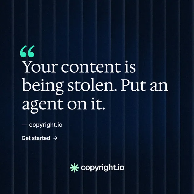 Instagram post for copyright.io: "Reposts don't remove themselves." Minimal luxury style, quote layout, dark palette in black, grey.
