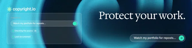 LinkedIn banner for copyright.io: "Protect your work." Agentic glass style, right layout, dark palette in black, blue, teal.