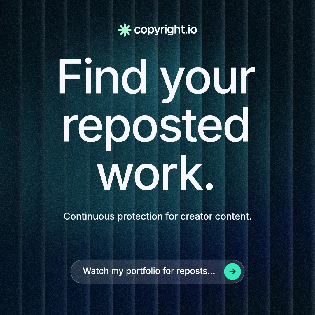 Instagram post for copyright.io: "Find your reposted work." Agentic glass style, centred layout, dark palette in black, blue, grey.
