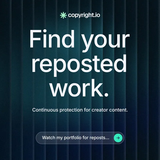 Instagram post for copyright.io: "Find your reposted work." Agentic glass style, centred layout, dark palette in black, blue, grey.