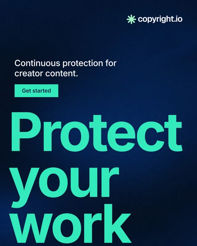 Instagram portrait post for copyright.io: "Protect your work." Swiss style, oversized layout, dark palette in blue, teal, black.