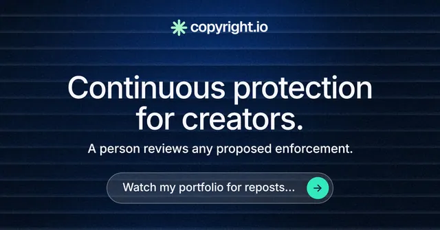 Social ad for copyright.io: "Continuous protection for creators." Agentic glass style, skeleton layout, dark palette in blue, black.