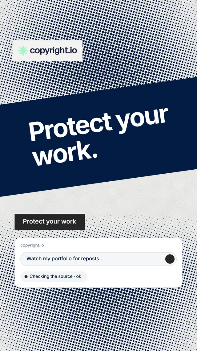 Instagram story for copyright.io: "Protect your work." Swiss style, diagonal layout, light palette in grey, blue, white.