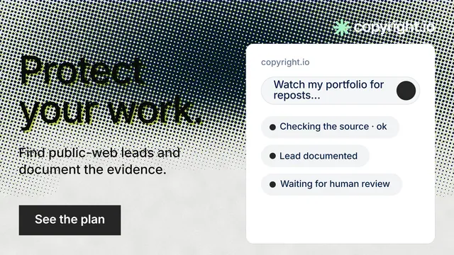 Landscape graphic for copyright.io: "Protect your work." Swiss style, bottom layout, light palette in white, black, grey.