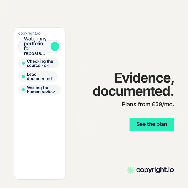 Instagram post for copyright.io: "Evidence, documented." Swiss style, right layout, light palette in white, teal.
