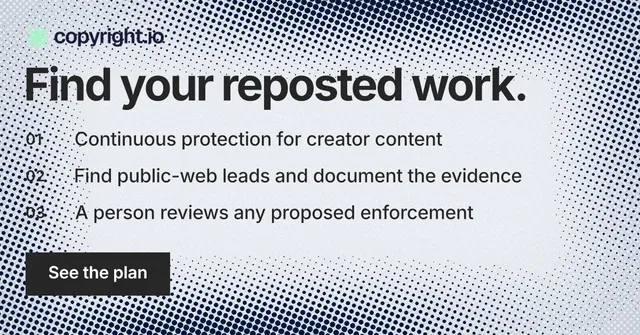 Social ad for copyright.io: "Find your reposted work." Swiss style, numbered layout, light palette in grey, white.
