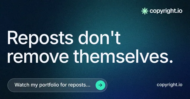 Social ad for copyright.io: "Reposts don't remove themselves." Agentic glass style, poster layout, dark palette in black, blue, grey.
