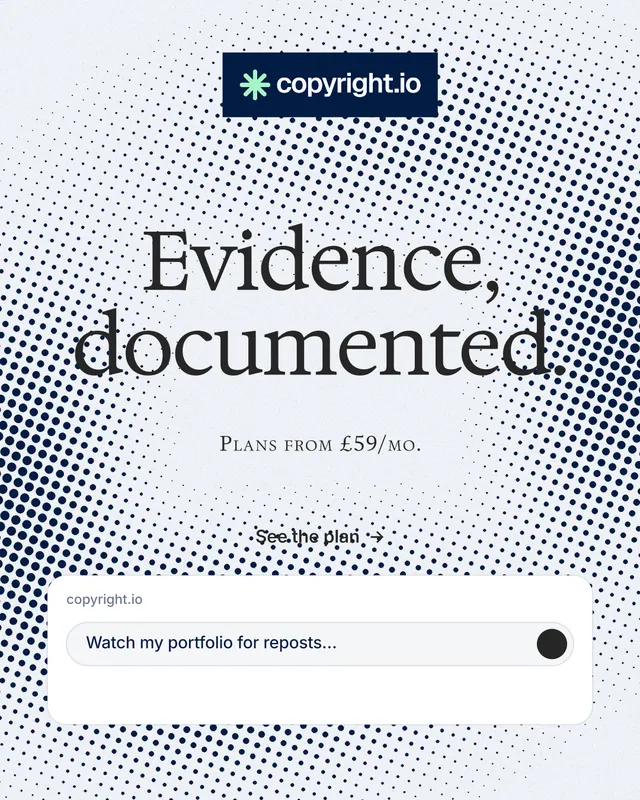 Instagram portrait post for copyright.io: "Evidence, documented." Swiss style, smallcaps layout, light palette in white, grey.