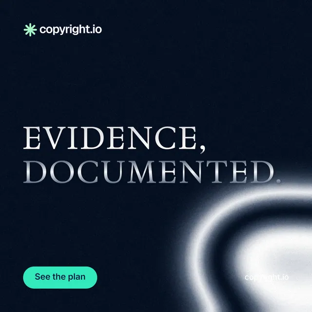 Instagram post for copyright.io: "Evidence, documented." Y2K style, poster layout, dark palette in black, grey.