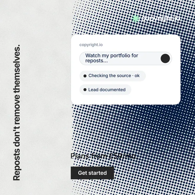 Instagram post for copyright.io: "Reposts don't remove themselves." Swiss style, vertical layout, light palette in white, grey.