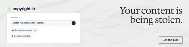 LinkedIn banner for copyright.io: "Your content is being stolen." Editorial style, right layout, light palette in white, grey.