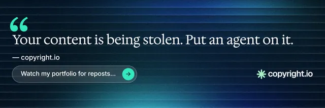 X header for copyright.io: "Put an agent on it." Agentic glass style, quote layout, dark palette in blue, black.