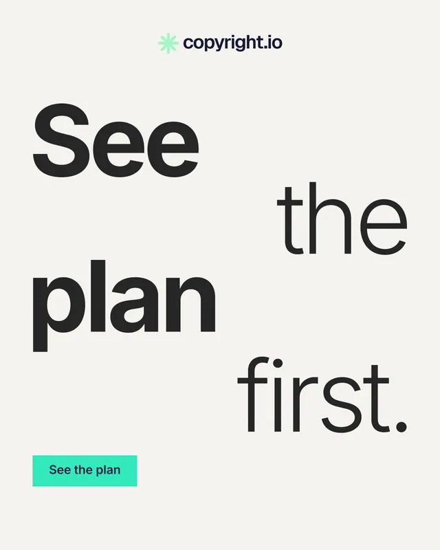 Instagram portrait post for copyright.io: "See the plan first." Swiss style, stacked layout, light palette in white, grey.