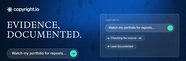 X header for copyright.io: "Evidence, documented." Agentic glass style, bottom layout, dark palette in blue.