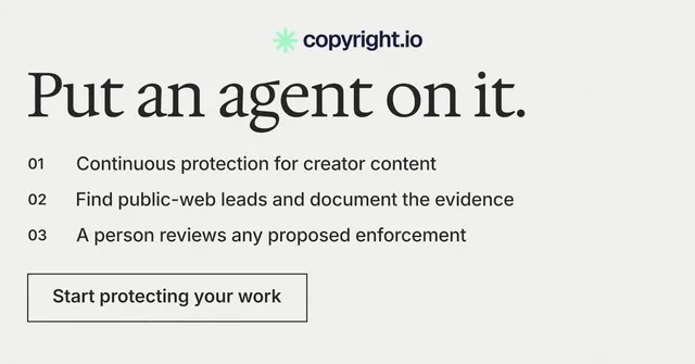 Social ad for copyright.io: "Put an agent on it." Editorial style, numbered layout, light palette in white, grey.
