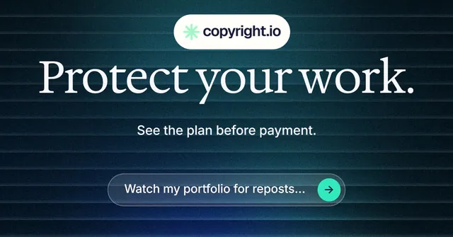 Social ad for copyright.io: "Protect your work." Agentic glass style, centred layout, dark palette in blue, black.